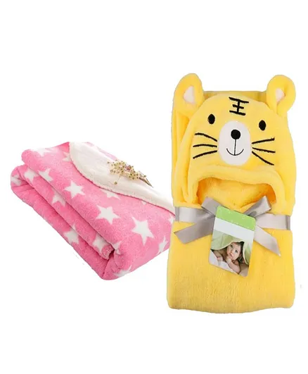 Brandonn Hooded Baby Blanket Star Print Set of 2 - Yellow