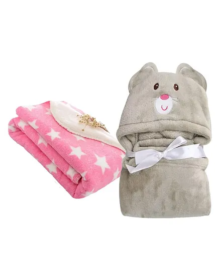 Brandonn Hooded Baby Blanket Star Print Set of 2 - Pink Grey
