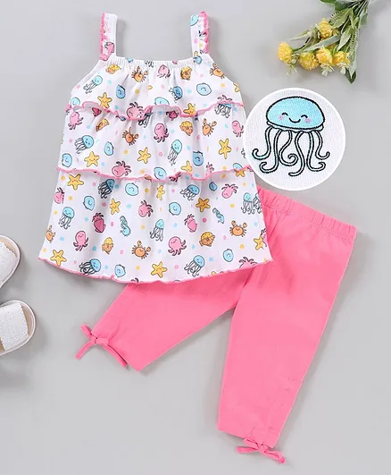 Babyhug Sleeveless Octopus Print Top with Capri - Pink