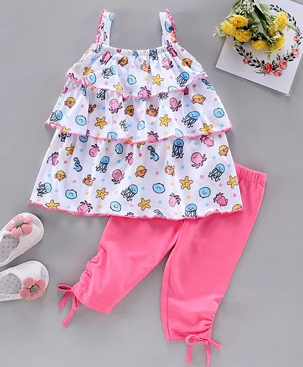 Babyhug Singlet Layered Top & Capri Sea Animals Print - White Pink