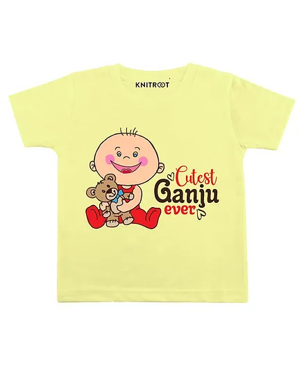 KNITROOT Half Sleeves Cutest Ganju Print T-Shirt - Yellow