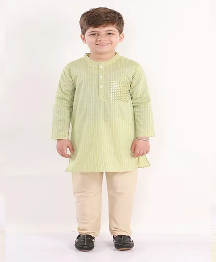 Lil Peacock Full Sleeves Striped Kurta & Pyjama Set - Green