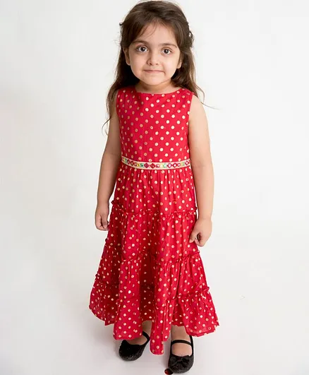 Lil Peacock Sleeveless Cotton Polka Dot Printed Tiered Dress - Red