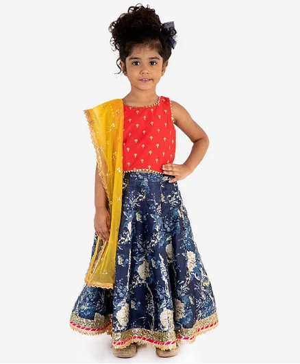 Lil Peacock Sleeveless Tiny Flower Embroidered Choli With Printed Ghaghra & Dupatta Set - Red