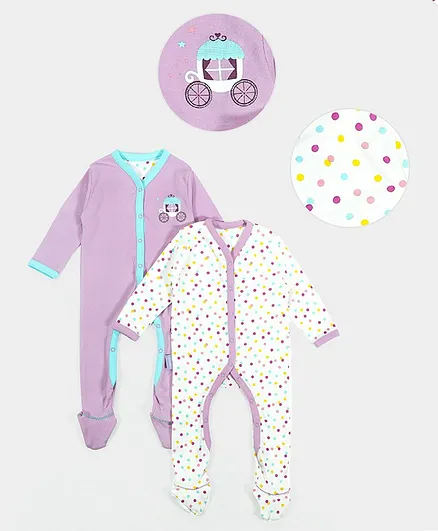 Mi Arcus Pack Of 2 Full Sleeves Dots Print Sleepsuit - Purple White