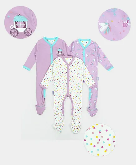 Mi Arcus Pack Of 3 Full Sleeves Dots Print Sleepsuit - Purple White