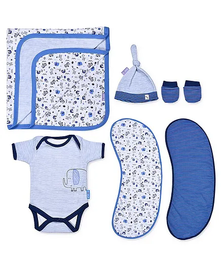 Mi Arcus Pack Of 6 Half Sleeves Animal Print Onesie With Cushion Cap Wrapper & Mitten Set - Blue