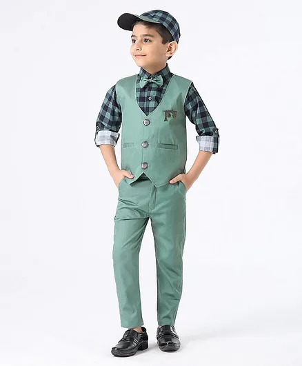 Robo Fry Full Sleeves 3 Piece Checked Party Suit with Bow & Cap - Green