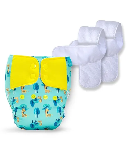 Bumberry Baby Pocket Diaper 2.0 Waterproof Reusable & Adjustable Cloth Diaper with Wetfree Lining & 2 Extralong Wetfree Insert - Baby Giraffe