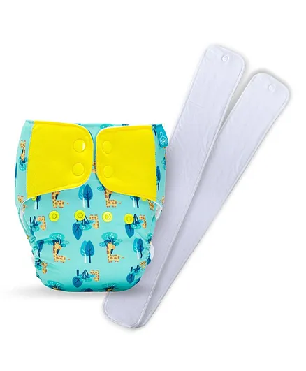 Bumberry Baby Pocket Diaper 2.0 Waterproof Reusable & Adjustable Cloth Diaper with Wetfree Lining & 2 Extralong 100% Cotton Insert - Baby Giraffe