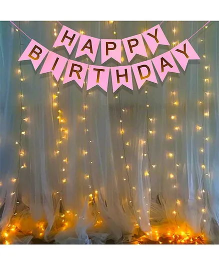 Party Propz Happy Birthday Banner With White Warm Led Light - Pink