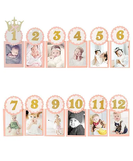 Party Propz 1st Birthday Party Banner with 12 Cards Pink - 213 cm