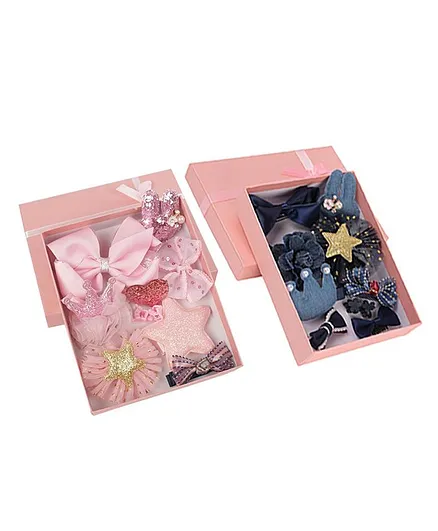 Yellow Bee 16 Bow Detailed Hair Clips & 4 Pair Of Claw Clips With 2 Boxes - Blue & Pink