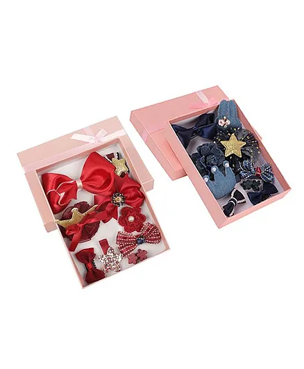 Yellow Bee 16 Bow Detailed Hair Clips & 4 Pair Of Claw Clips With 2 Boxes - Blue & Red