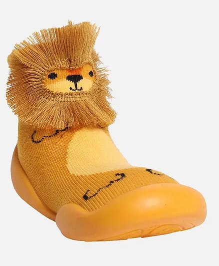 Yellow Bee Lion Design Rubber Sole Socks Shoes - Brown