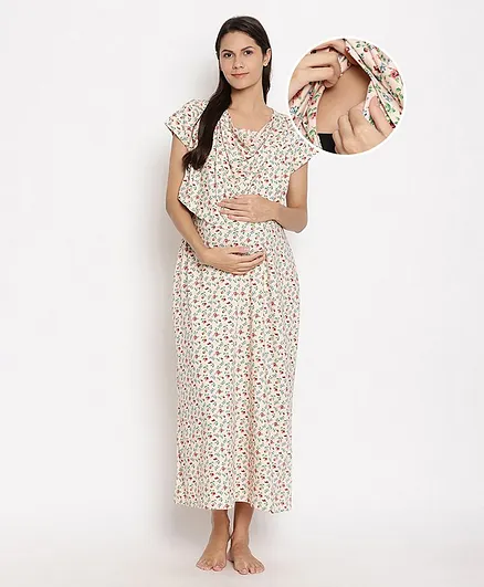 Bella Mama Half Sleeves Maternity Nighty Floral Print - Peach
