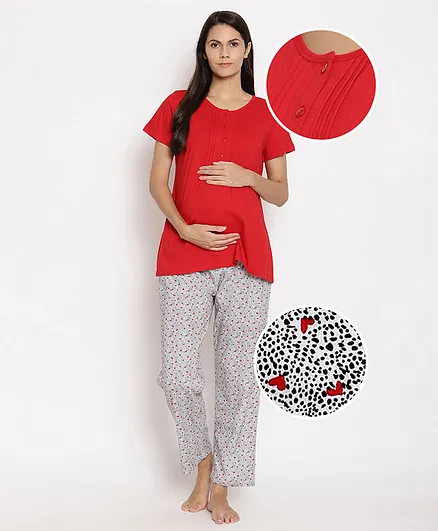 Bella Mama Half Sleeves Knitted Maternity Night Suit Floral Print - Red