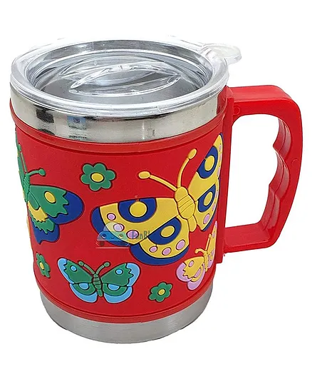 FunBlast Mug With Lid Butterfly Design Red - 350 ml