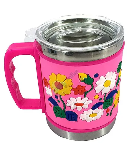 FunBlast Mug With Lid Floral Design Pink - 350 ml