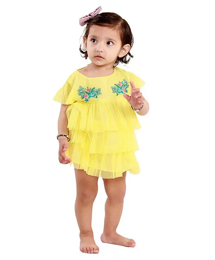 KIDSDEW Short Sleeves Floral Embroidered Dress - Yellow