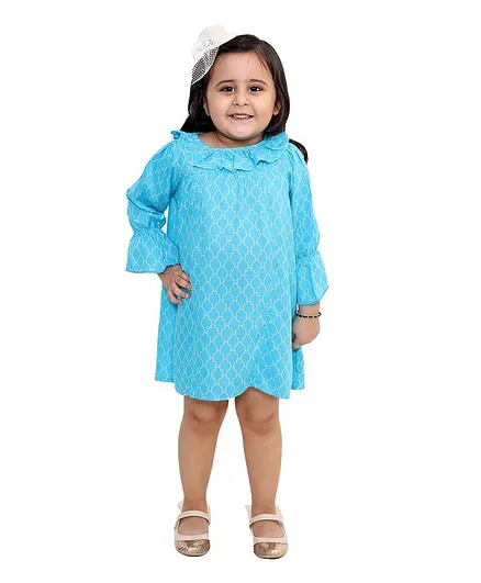 KIDSDEW Full Sleeves Printed Dress - Blue