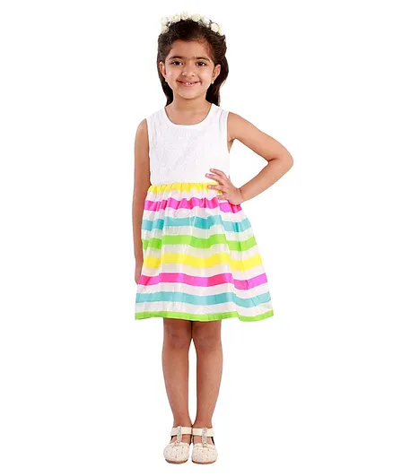KIDSDEW Sleeveless Multi Striped Dress - White