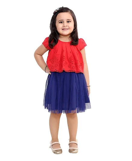 KIDSDEW Short Sleeves Schiffli Embroidered Dress - Blue & Red