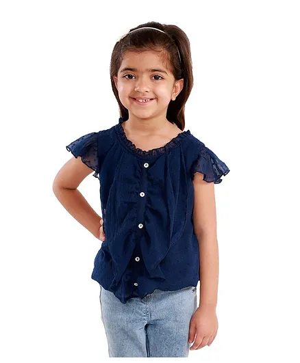 KIDSDEW Cap Sleeves Self Textured Top - Navy Blue