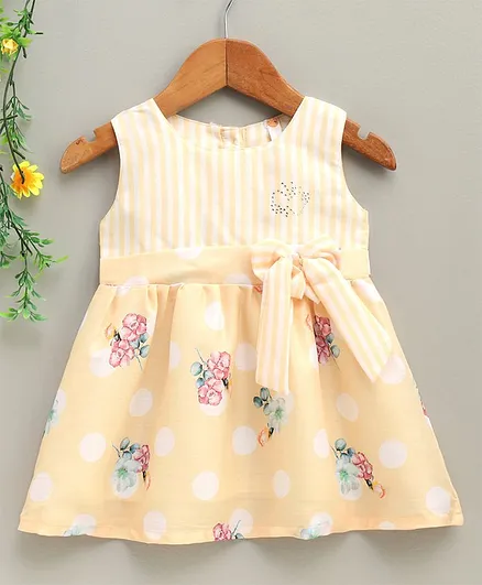 Dew Drops Sleeveless Frock Floral Print - Yellow White