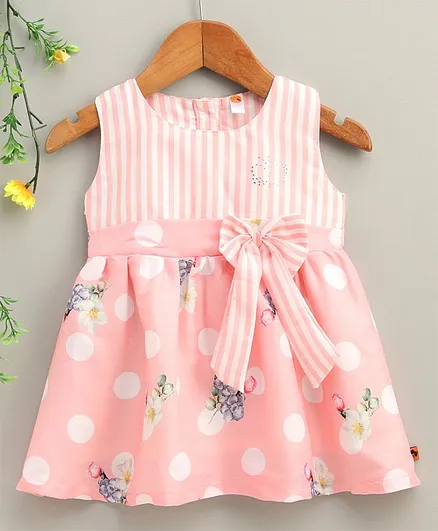Dew Drops Sleeveless Frock Floral Print - Pink White