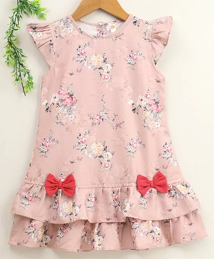 Dew Drops Cap Sleeves Printed A Line Layered Frock Bow Appliques - Pink