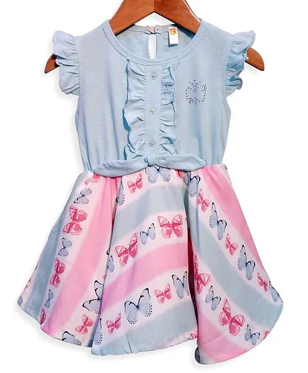 Dew Drops Flutter Sleeves Frock Butterfly Print - Pink