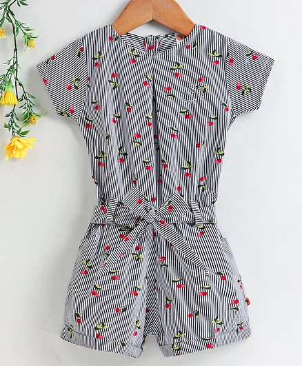 Dew Drops Magyar Sleeves Striped Jumpsuit Cherry Print - Navy Blue
