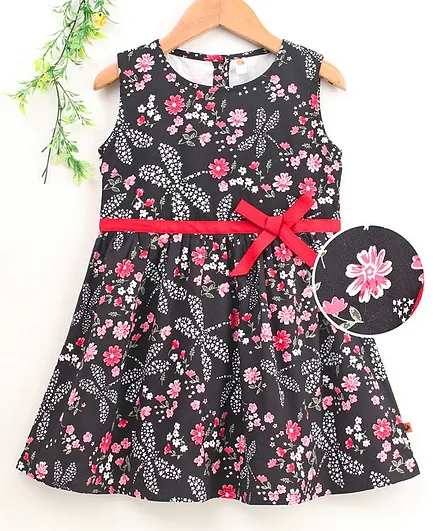 Dew Drops Sleeveless Frock Floral Print - Black