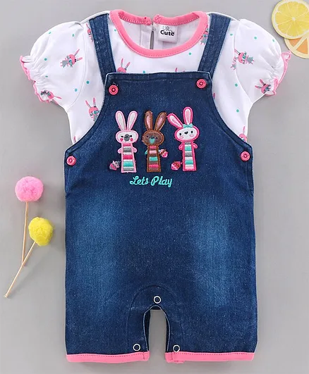 U R CUTE Short Sleeves Top With Bunny Patch Dungaree - Pink