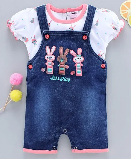 U R CUTE Short Sleeves Top With Bunny Patch Dungaree - Peach