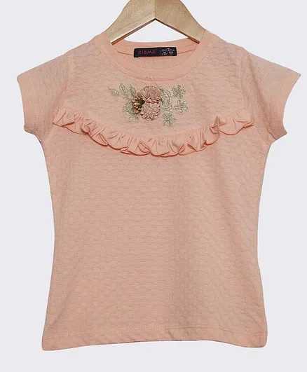 Ziama Short Sleeves Floral Detailing Top - Peach