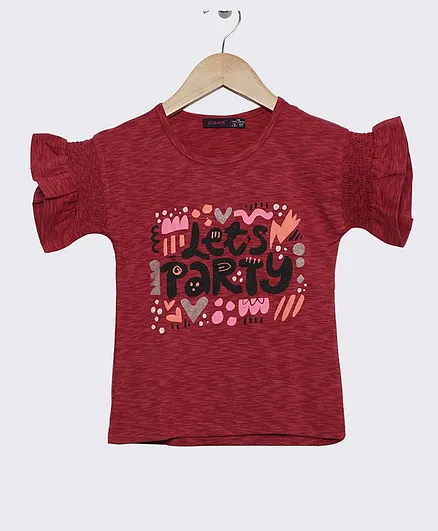 Ziama Half Sleeves Let's Party Print Top - Maroon