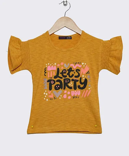 Ziama Half Sleeves Let's Party Print Top - Mustard