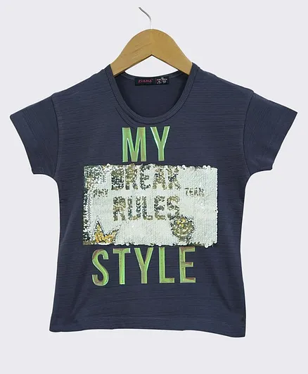 Ziama Short Sleeves Text Sequined Top - Dark Grey