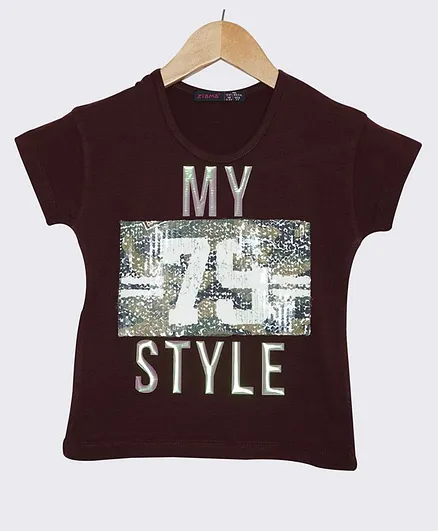 Ziama Short Sleeves Text Sequined Top - Wine