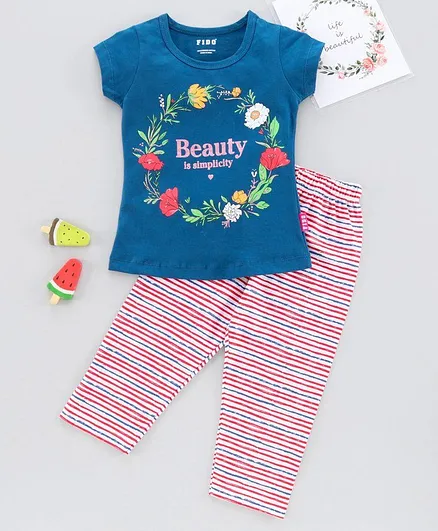 Fido Half Sleeves Top and Striped Leggings Set Floral Print - Navy Blue