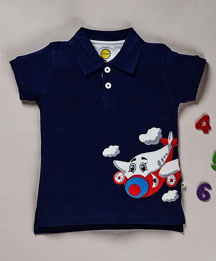 Pranava Organic Cotton Half Sleeve Polo Aeroplane Applique T-Shirt - Navy Blue