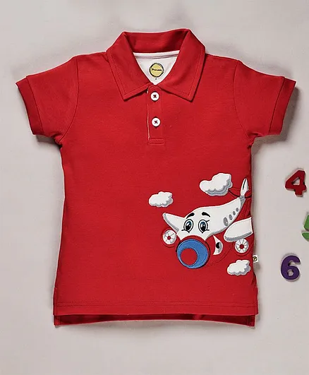 Pranava Organic Cotton Half Sleeve Polo Aeroplane Applique T-Shirt - Red