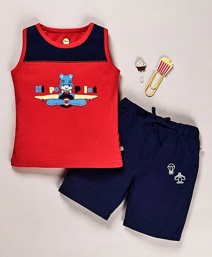 Pranava Organic Cotton Sleeveless Helicopter Patch T-Shirt & Soft Shorts - Red & Navy Blue