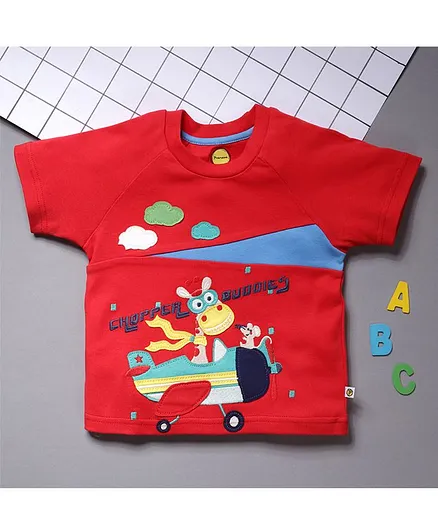 Pranava Organic Cotton Half Sleeve Giraffe Patch T-Shirt - Red