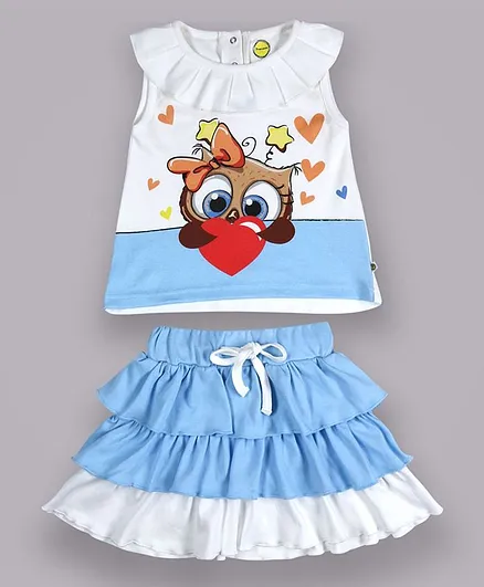 Pranava Organic Cotton Sleeveless Lovebird Printed Top With Layered Skirt - Blue