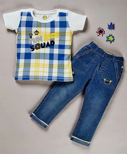 Pranava Half Sleeves Organic Cotton Checked T-Shirt & Denim Pant - Yellow
