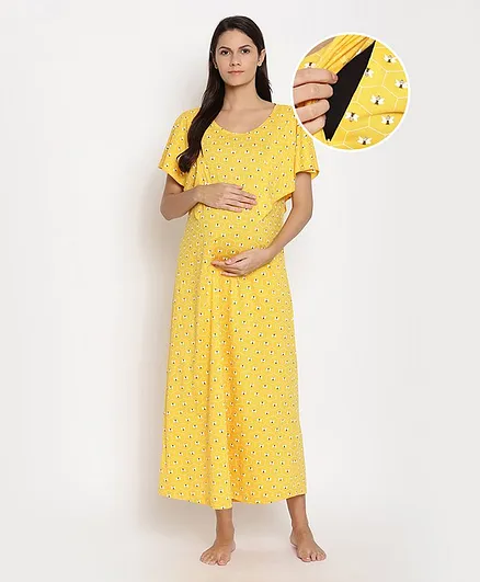 Bella Mama Half Sleeves Honey Bee Printed Nursing Nighty - Yellow
