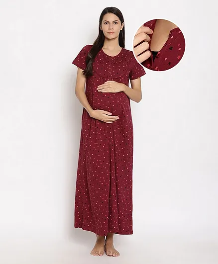 Bella Mama Half Sleeves Front Button Nursing Nighty - Maroon